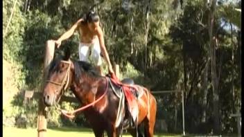 Charming slim babe strips naked on a horse and pleasures her vagina