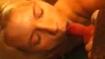 A blonde and a brunette taking turns with a hound's thick penis