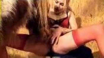 Brunette in black lingerie has sex with a horse in a threesome