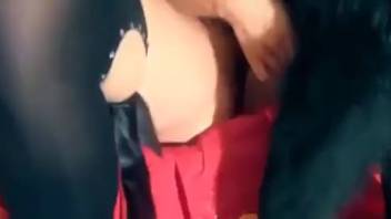 Dark-haired woman in provocative attire is screwed by a canine