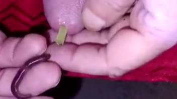 Guy shoves wriggling worm into his dick