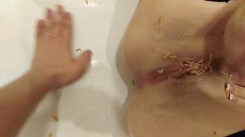 Inserting worms into the vagina for brazen solo self-pleasure fetish