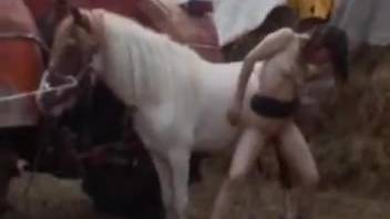 Slender amateur girl employing massive horse-sized cock for her erotic daydream