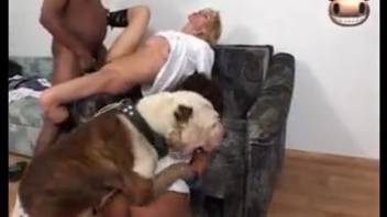 Blonde mature lady with cropped hair screws a canine and a pooch