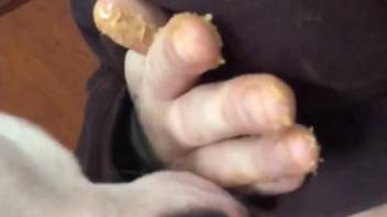 Woman shows off her delicious pussy to a lustful mutt